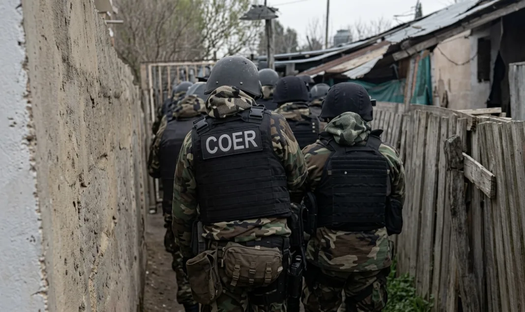 Agentes del COER con equipo táctico avanzan por un pasillo estrecho entre muros y vallas de madera